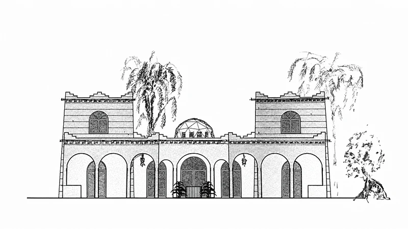 Architektonische Ansichtszeichnung einer mediterranen Villa mit Arkadengängen und symmetrischer Fassadengestaltung im Rahmen der Entwurfsplanung.