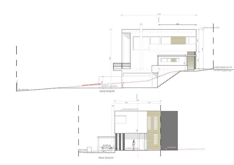 Architektonische Ansichtszeichnungen eines modernen Einfamilienhauses mit Flachdach, Hanglage und klarer Kubatur.
