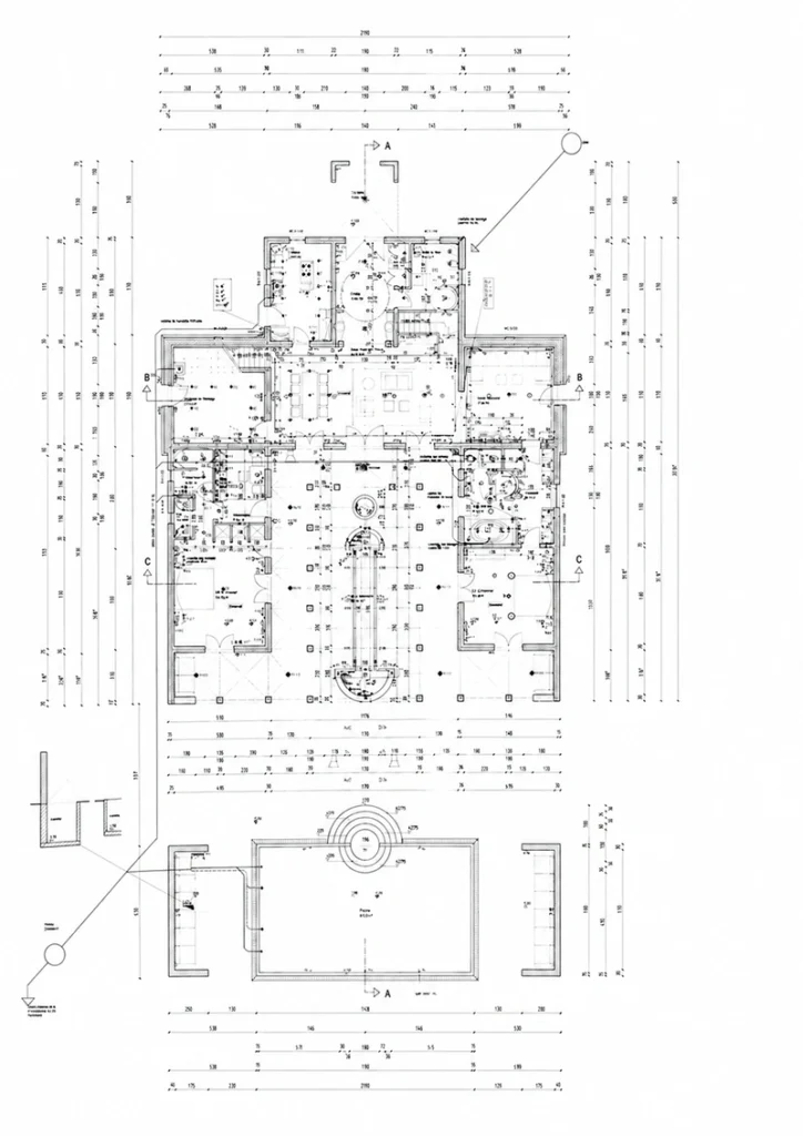 Detaillierter Grundriss einer exklusiven Villa mit Raumaufteilung, Maßangaben und architektonischer Planung.