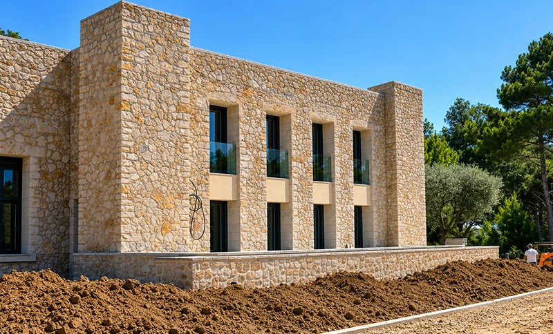 Hochwertige Natursteinfassade einer modernen Luxusvilla mit klarer Formensprache und bodentiefen Fenstern während der Bauphase – individuelle Architekturplanung.